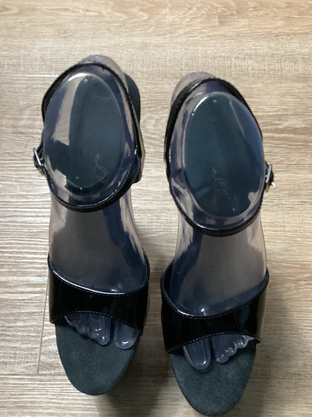 Ellie Black Patent Open-Toe Ankle-Strap Heels